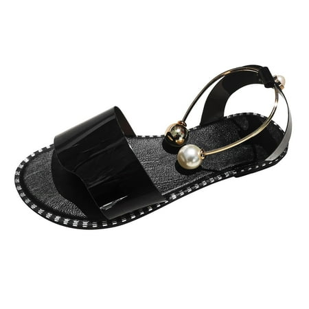 

nsendm Embellished Sandals for Women Beaded Ladies Fashion Summer Solid Color PVC Roman Women s Wedge Sandals Size 6 Black 9