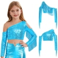 thumbnail image 3 of vastwit Girls Sequin Irregular Crop Top Tassels Off Shoulder Long Sleeve Dance Shirts for Performance Light Blue 14, 3 of 6