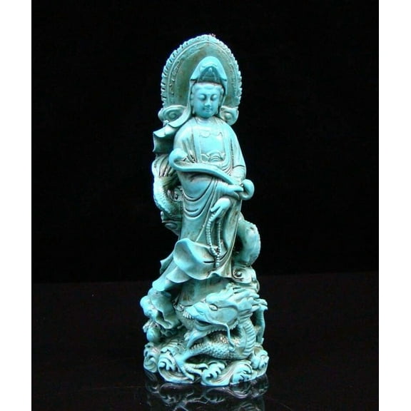 Turquoise Handmade Carved Statue Kwan-yin Dragon RuYi Exquisite Chinese