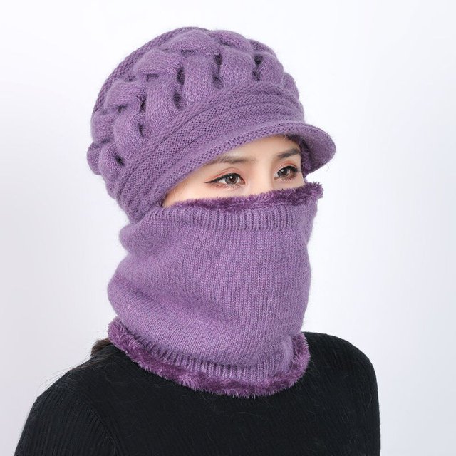 Gorros de invierno de lana Coral, gorros para mujer, bufanda, gorro de punto de lana transpirable cálido para mujer, gorros de protección de doble capa Gao Jinjia LED