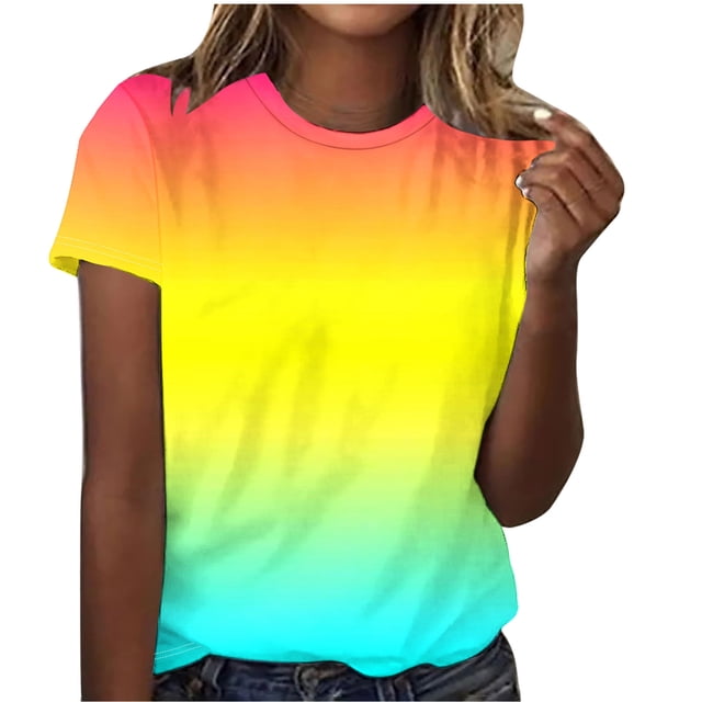 UPPADA T-Shirts d'Été Mignons pour Femmes Tendance à Imprimé Dégradé T-Shirts Chemises Décontractées à Col Rond Blouses Coupe Ample Chemises Basiques Blouses Jaune,m