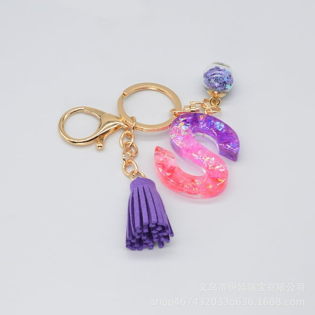 Hangs 2 Resin Glittering Letter Keychain with Color Stitching Flowing Design Purple Drop Glue English Character Key Chain for Daily Use