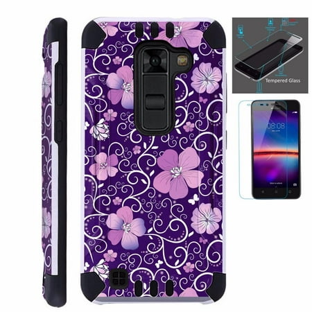 For LG Stylo 2 Plus MS550 (Metro PCS / T-Mobile Only) Case + Tempered Glass Screen Protector / Slim Dual Layer Brushed Texture Armor Hybrid TPU KomBatGuard Phone Cover (Purple Flowe