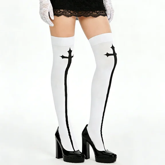 1 Pairs Women High Thigh Socks Long Socks Over Knee Thigh High Socks Stocking Black Cross Nun Socks
