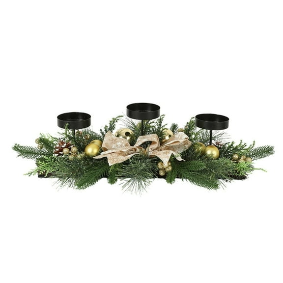 Christmas Candle Holders Centerpiece for Table 17.72 Inch with 3 Candle Holder Artificial Pine Needles Bowknot Baubles Ornaments Berries and Pine Cones Dining Room Desktop Table Decor