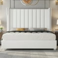 thumbnail image 5 of Merluxy King Size Bed Frame with 58" Tall Headboard, Velvet Upholstered Platform Bed with Channel Tufted Wingback Headboard and Plating Trim, Cream, 5 of 9