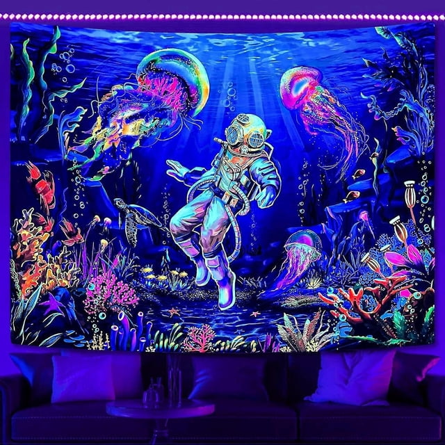 Blacklight Under the Sea Tapestry, UV Reactive Colorful Coral Plant Jellyfish Diver Wall Astronaut Tapestry for Bedroom Decor 6080 inch