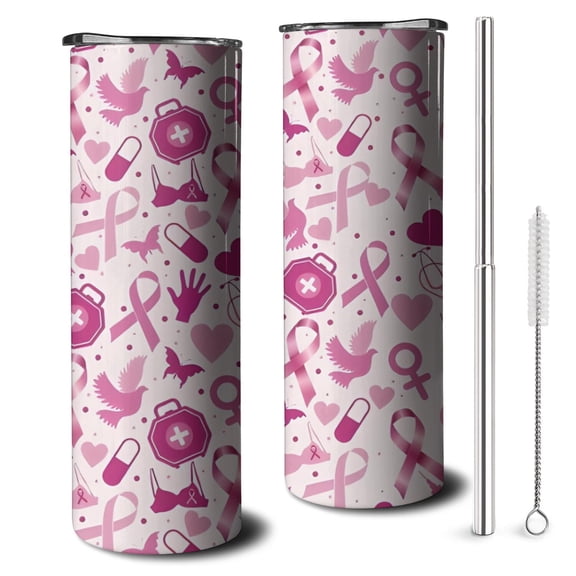 20oz Pink Breast Cancer and Love Skinny Tumblers Stainless Steel Tumbler with Lid and Straw,Vacuum Insulated Double Wall Travel Tumbler Cups with Cleaning Brush for Coffee,Tea