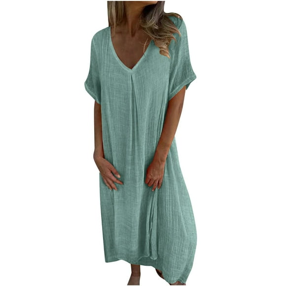 hoksml Women's Cotton Linen Dress Summer Thin Loose Skirt Short Sleeved V-neck Solid Color Long Dress Casual Beach Vacation Clothes 2025 Summer Clearance
