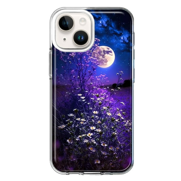 MUNDAZE Case for Apple iPhone 15 Hybrid Shockproof Slim Hard Soft TPU Shell Heavy Duty Protective Phone Cover - Spring Moon Night Lavender Flowers Floral