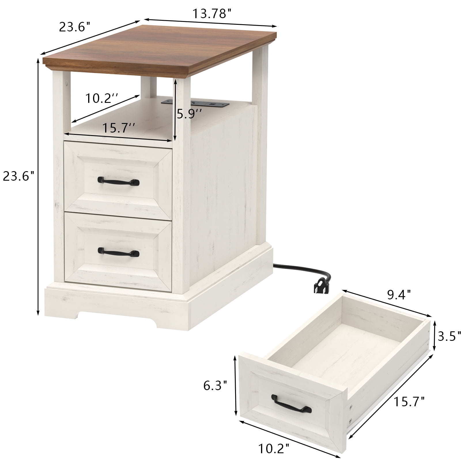 Hommpa 2 Drawers End Tables With Charging Station For Living Room, Farmhouse Narrow Sofa Side Table For Small Spaces, Nightstand Bedside Table with Storage For Bedroom, Rustic White