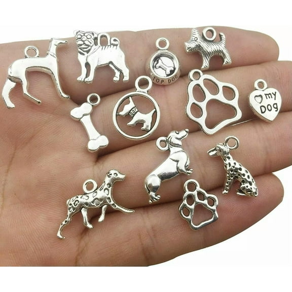 U8MO 10 Dog Charms Puppy Pendants Assorted Charms Lot Paw Print Antiqued Silver Mix