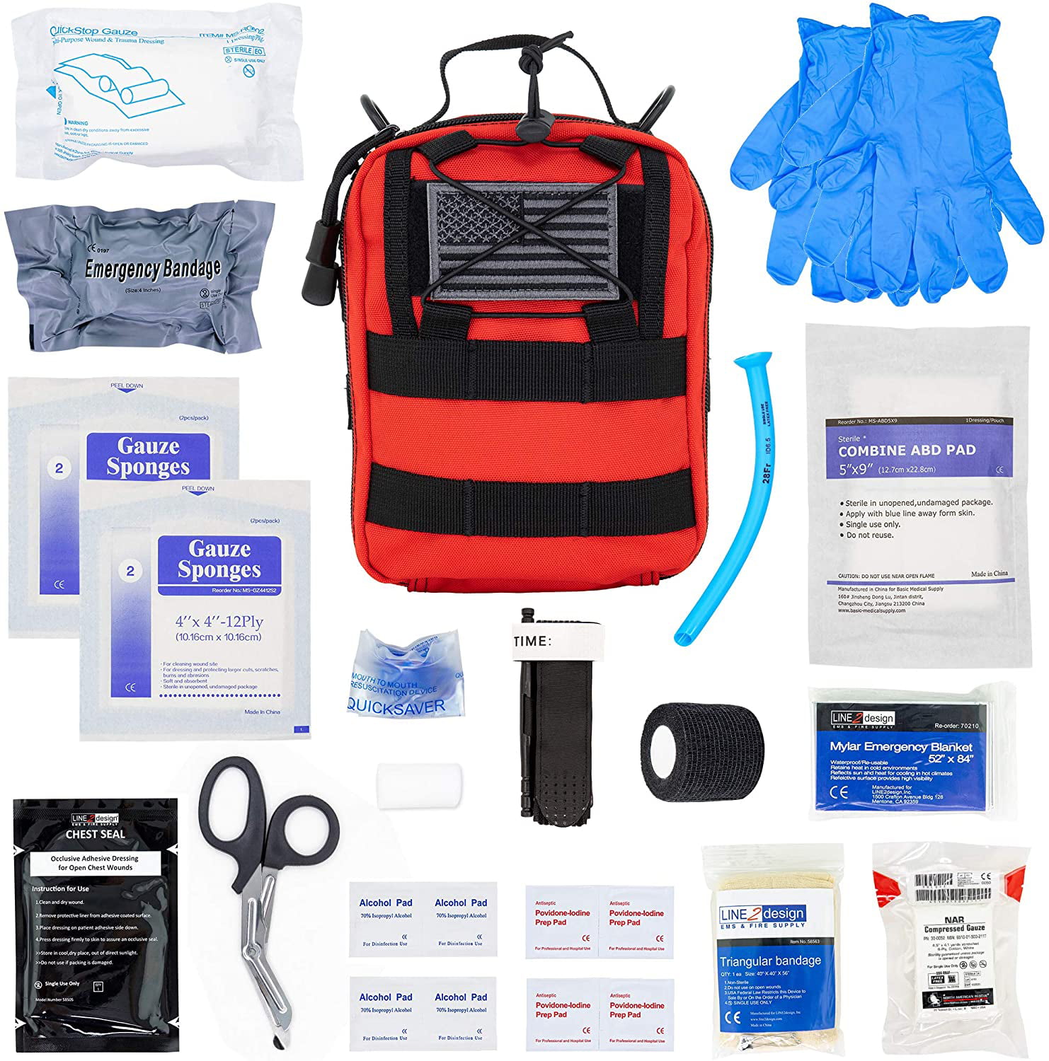 Red Ifak EMT Emergency Medical Trauma Pak QuikClot Bags Tactical EDC Rescue Utility Gear IFAK Bags for Hiking Gunshot Stop Bleeding Includes USA Patch Molle Pouch EMS Bag LINE2design First Aid 