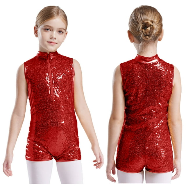 dPois Combinaison Sans Manches à Sequins Patchwork pour Filles Patinage Artistique Body Shorts Rouge Unitard 16