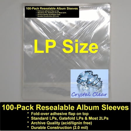 Record Bags-Pack of 100 Polypropylene Crystal Clear LP Bags With Resealable Flap