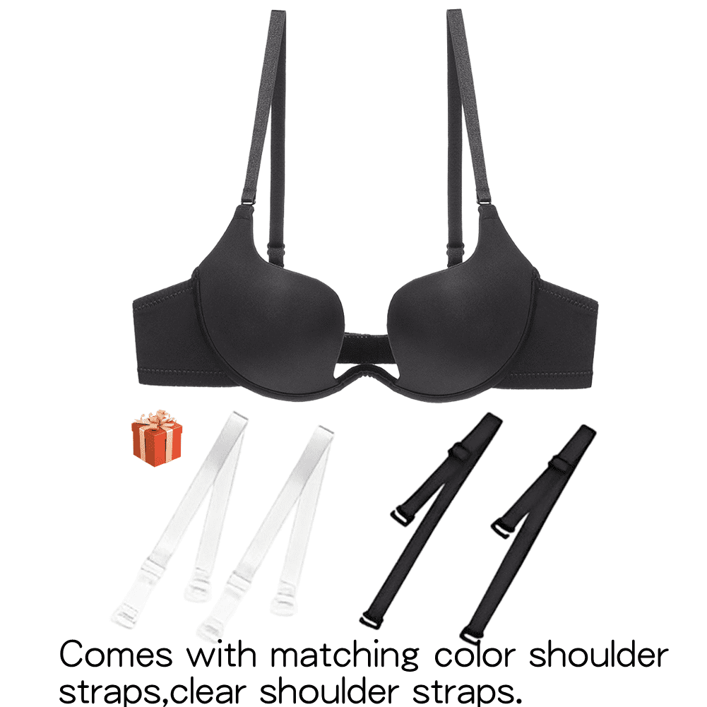 Womens Low Plunge Push Up Bra with Clear Straps Low Cut Convertible Underwire Padded Cleavage Bra