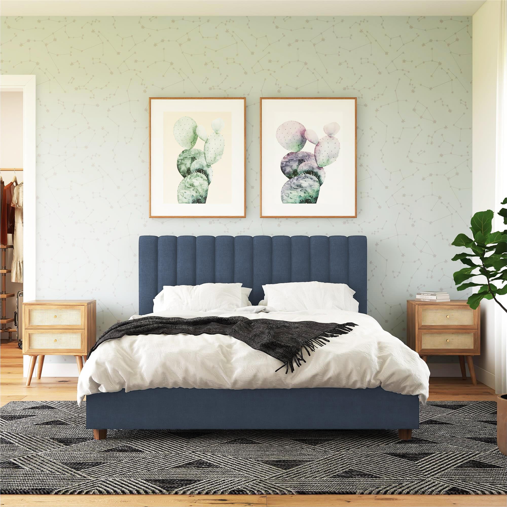 Novogratz Brittany Tufted Upholstered Bed Frame, Queen, Blue Linen