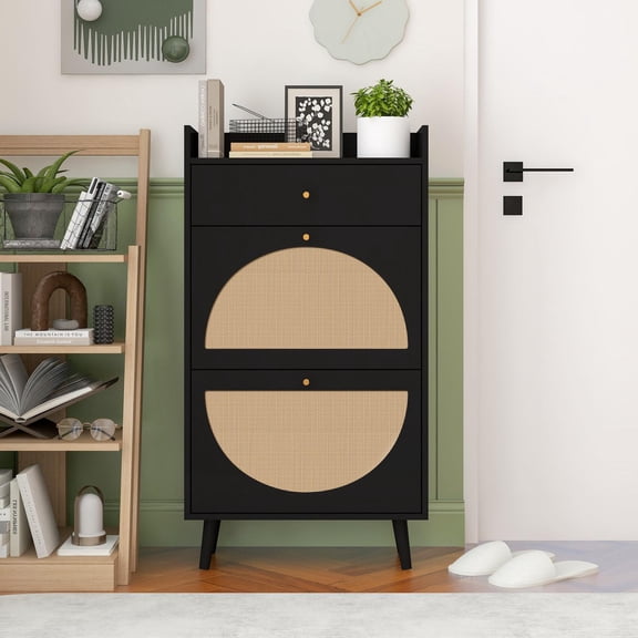 Shoe Rack, Entryway Cabinet, Rattan Shoe Cabinet with 2 Doors 1 Drawer and Double Shelf, Black for Entryway