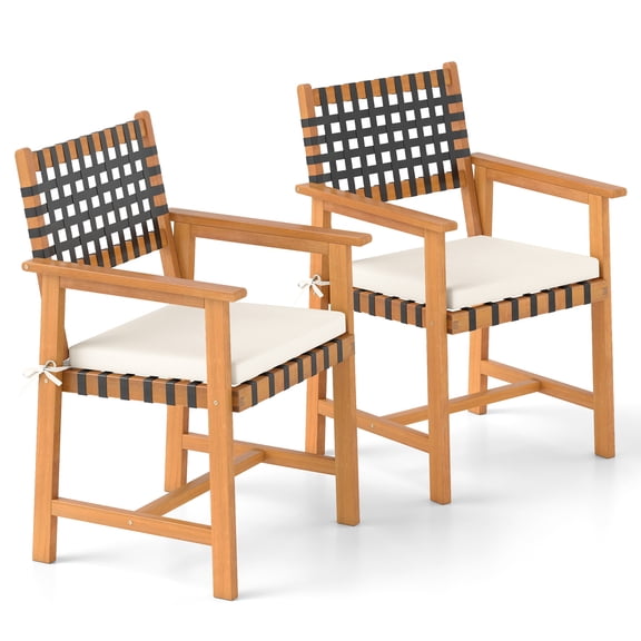 Patiojoy Wooden Armless Chair Set of 2 Patio Dining Chairs w/Removable Soft Cushion & Tilt Woven Backrest