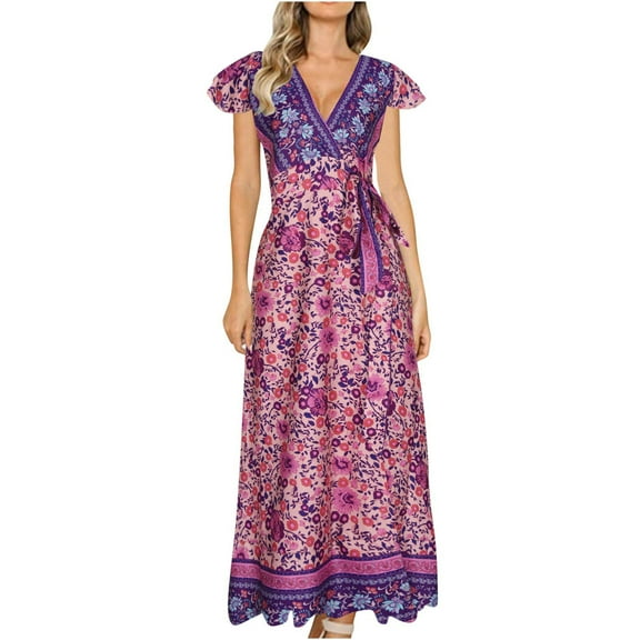 Sakmal Purple Summer Dresses for Women Under $10 V-Neck Maxi Boho Sleeveless Graphic A-Line Dress