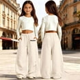 thumbnail image 2 of XAOFW Girls Back To School Pants Drawstring Elastic Waist Letter Print Loose Fit Curved Leg Trousers For Kids Everyday Wear Breathable Bottoms 5-6 Years, 2 of 4