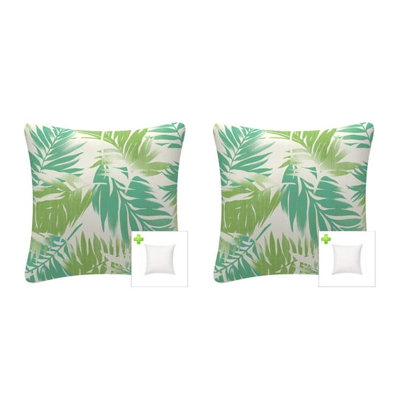 FBTS Prime Pack of 2 Outdoor Waterproof Decorative Throw Pillows with Inserts for Patio Furniture, 18x18 Inch Square Fade Resistant Patio Garden Cushions for Couch Bed Sofa, Leaves Green