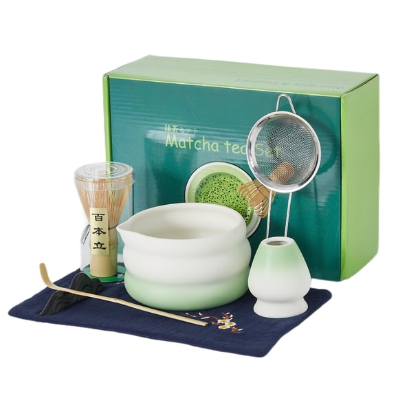 Matcha Tea Set 7-Piece Ceramic Bowl with Wooden Whisk and Holder, Scoop Rest and Stainless Sifter for Japanese Tea Ceremony Home Use Gradient Green
