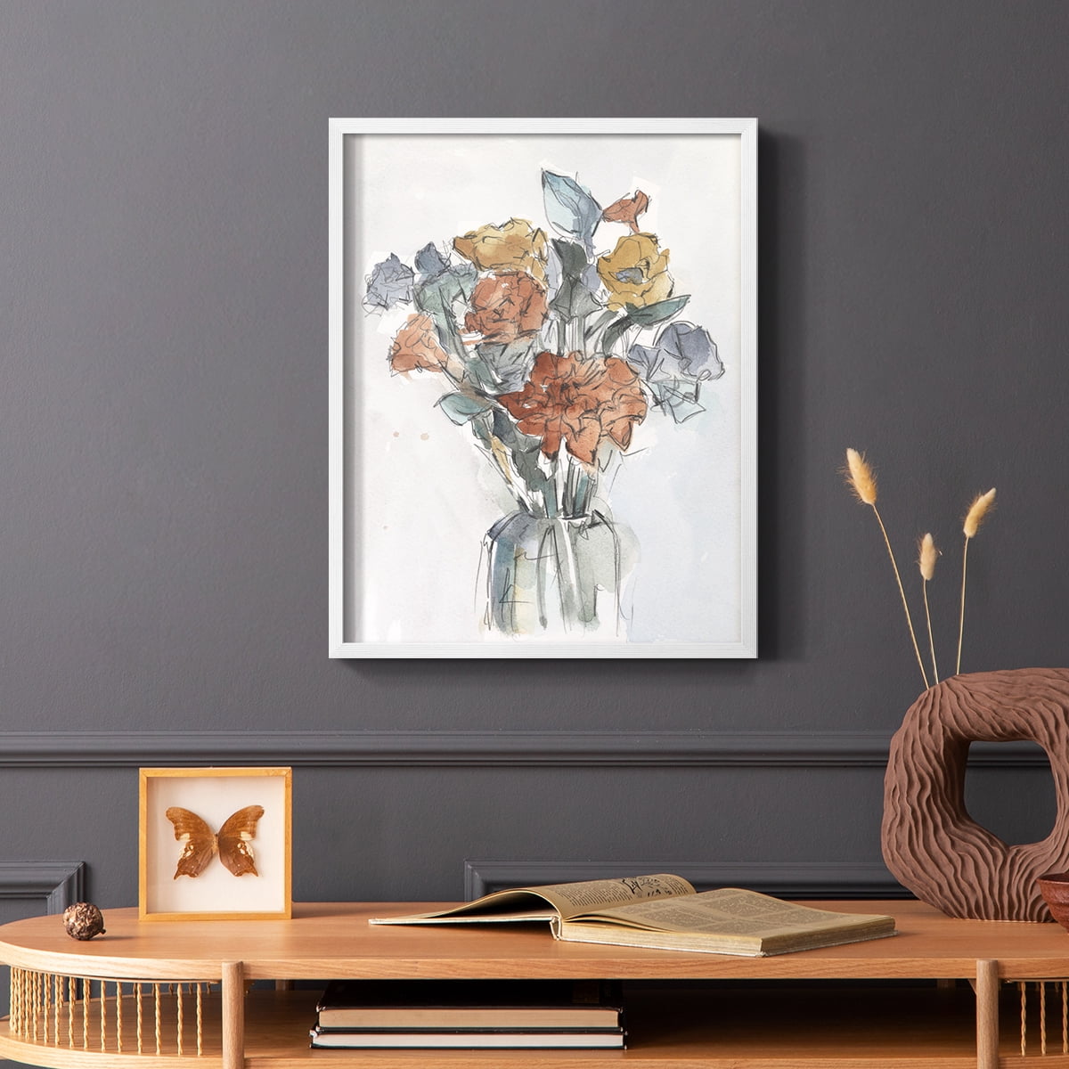 Watercolor Floral Arrangement I Framed Print in White Solid Wood 11 x 14 Framed Print
