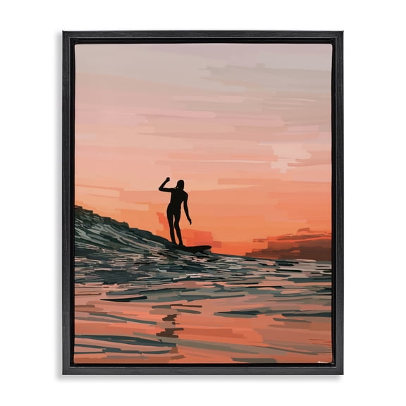 Stupell Industries Contemporary Woman Surfing at Sunset Black Floating Frame Canvas Art, 17 x 21, by Amelia Noyes