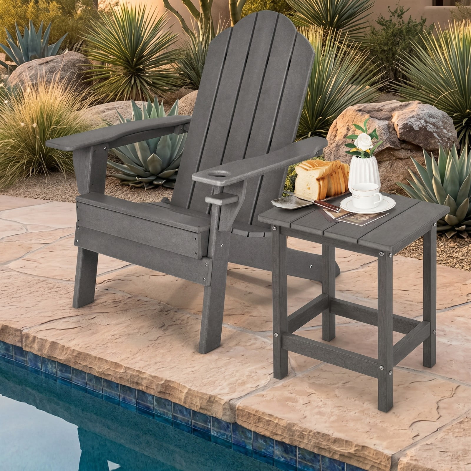 Furnibear 14 Inch Square Weather Resistant HDPE Adirondack Side Table for the Patio Porch Deck and Backyard Garden, Gray
