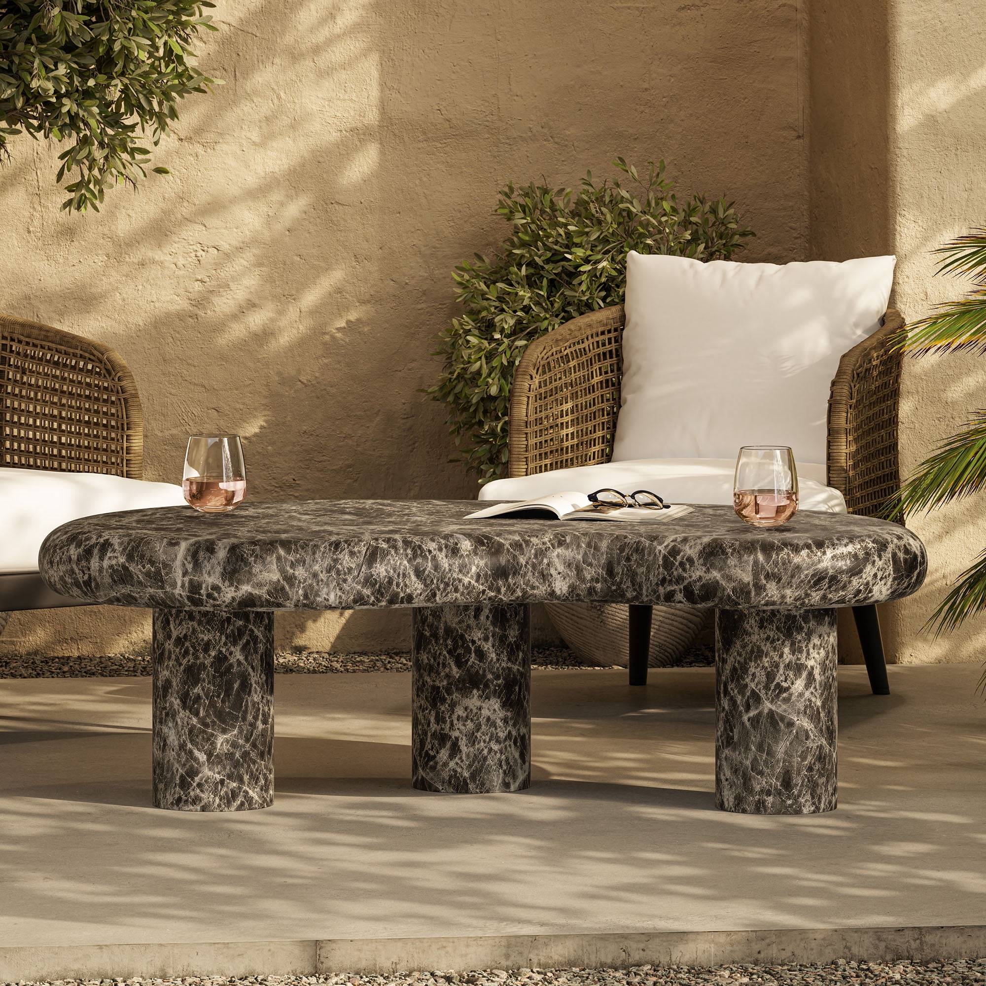 Elowen Outdoor Patio Faux Marble Coffee Table in Dark Emperador Marble