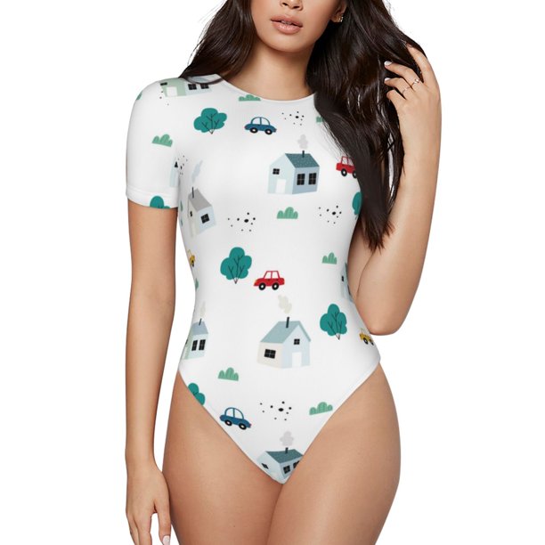 Fotbe Cartoon House Car Body de Mujer con Cuello Redondo y Mangas Cortas, Sin Mangas Ajustado, Suave, Cómodo y Básico-Small