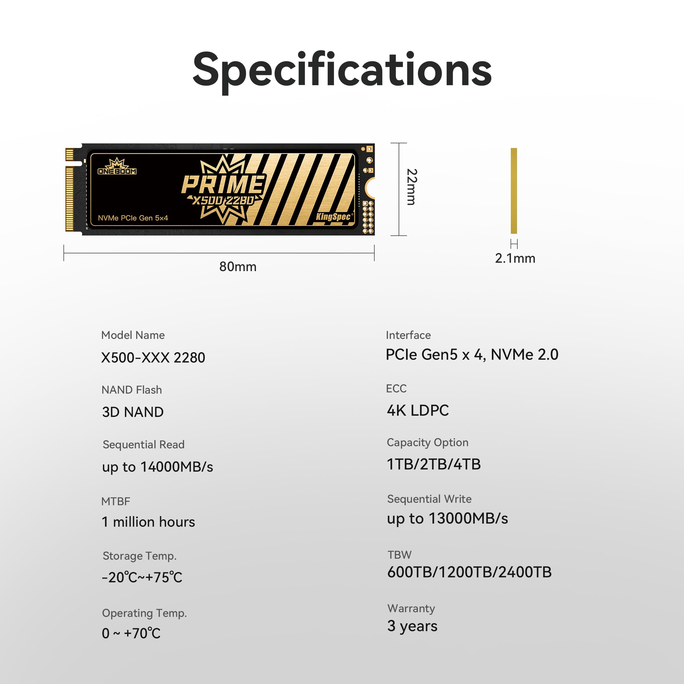 KingSpec OneBoom X500 4TB PCIe 5.0 NVMe M.2 SSD 2280-14000MB/s Read 13000MB/s Write 3D NAND w/DRAM - PS5 Ready, Optimized for Gamers, Video Editors, 3D Designers