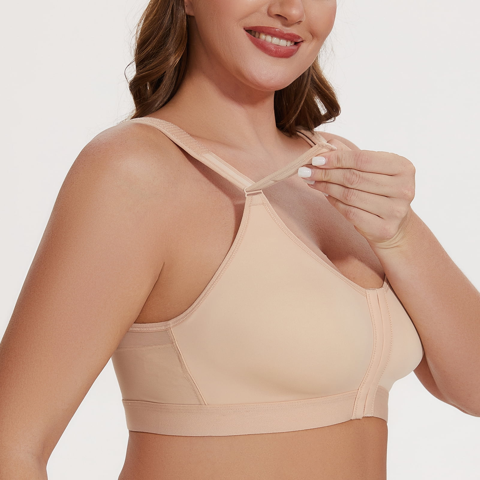 MELENECA Women's Front Closure Wirefree Post Surgery Plus Size Back Support Posture Bra Beige 34D