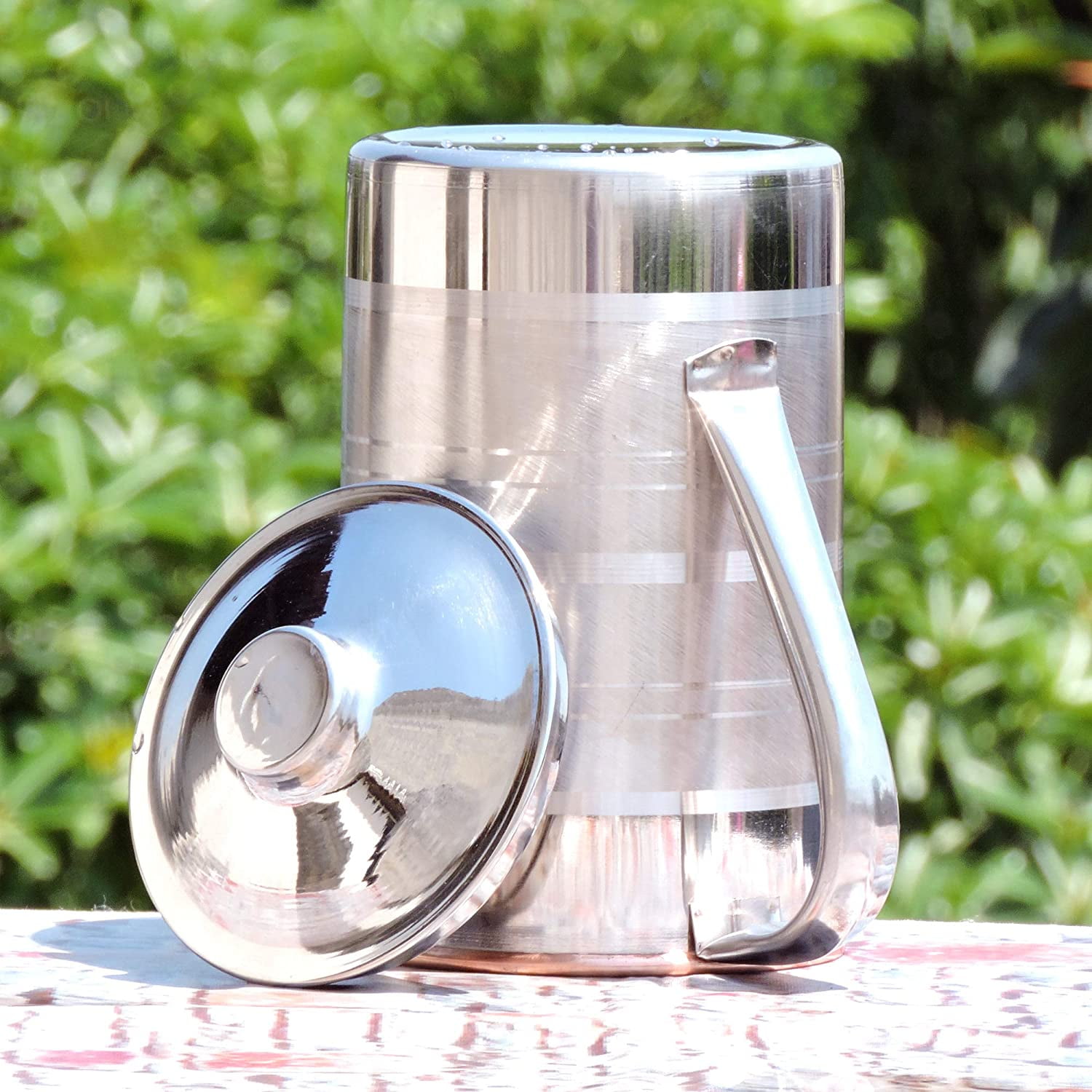 Outer Stainless Steel and Inner Copper Pitcher with Lid UNLINED, UNCOATED and LACQUER Free, Carries 1.7 Lt. (57.48 US Fl Oz) Water