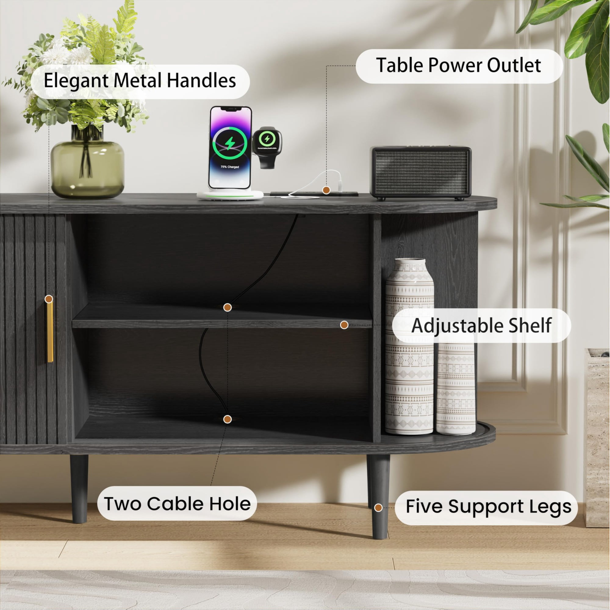 63 Inch Mid Century Modern TV Stand with Power Outlet, Fluted Media Console with Sliding Doors for TVs up to 70 Inch, Black