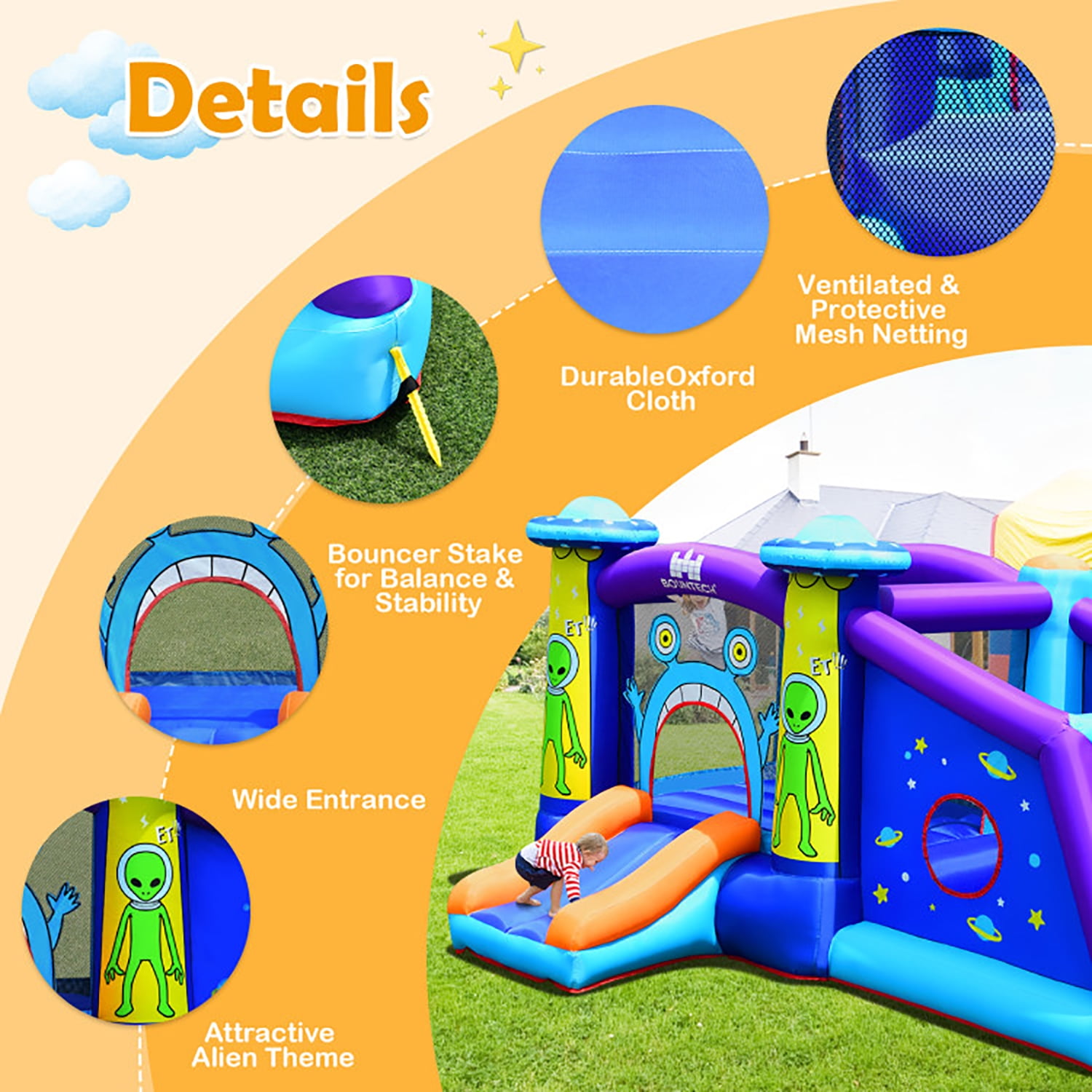 Aimee Lii Kids Inflatable Bounce House Aliens Jumping Castle without Blower, Kids Bounce House
