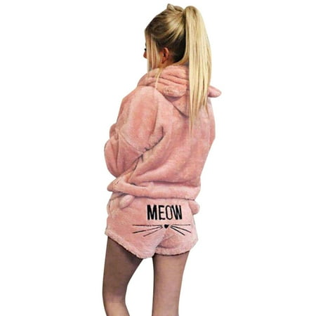

Women Plush Pajamas Set Thick Hoodie Long Tops+Embroidery Shorts Sleepwear Homewear 4XL 14