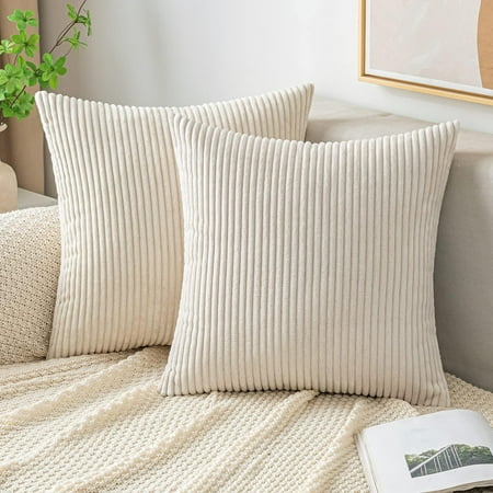 

EMEMA Pack of 2 Corduroy Soft Soild Decorative Square Throw Pillow Covers Cushion Cases Spring Pillowcases for Couch Sofa Bedroom Car 16x16Inch Cream White
