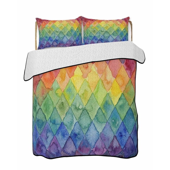 Quilts King Size Bedding Set, Rainbow Patchwork Lightweight Quilted Comforter, Watercolor Colorful Diamond Art Soft Reversible Bedspread Coverlet with Pillow Covers for All Season, 96" x 106"