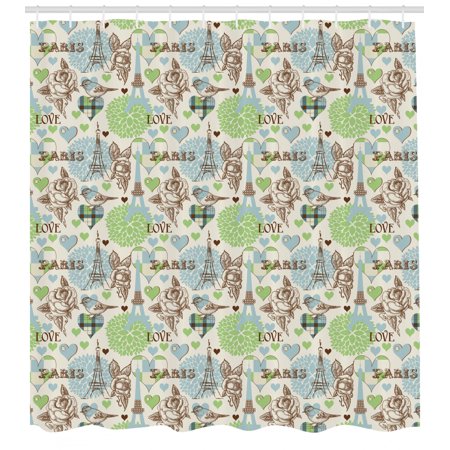 Paris Shower Curtain Eiffel Tower Love Birds Rose Blooms Romantic