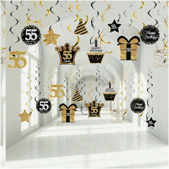 55th Birthday Celebration Swirls - Shimmering Hanging Decorations for 55-Year-Old Birthday Party - Vibrant Cards Cutouts - Festive Ceiling Ornaments - Party Supplies