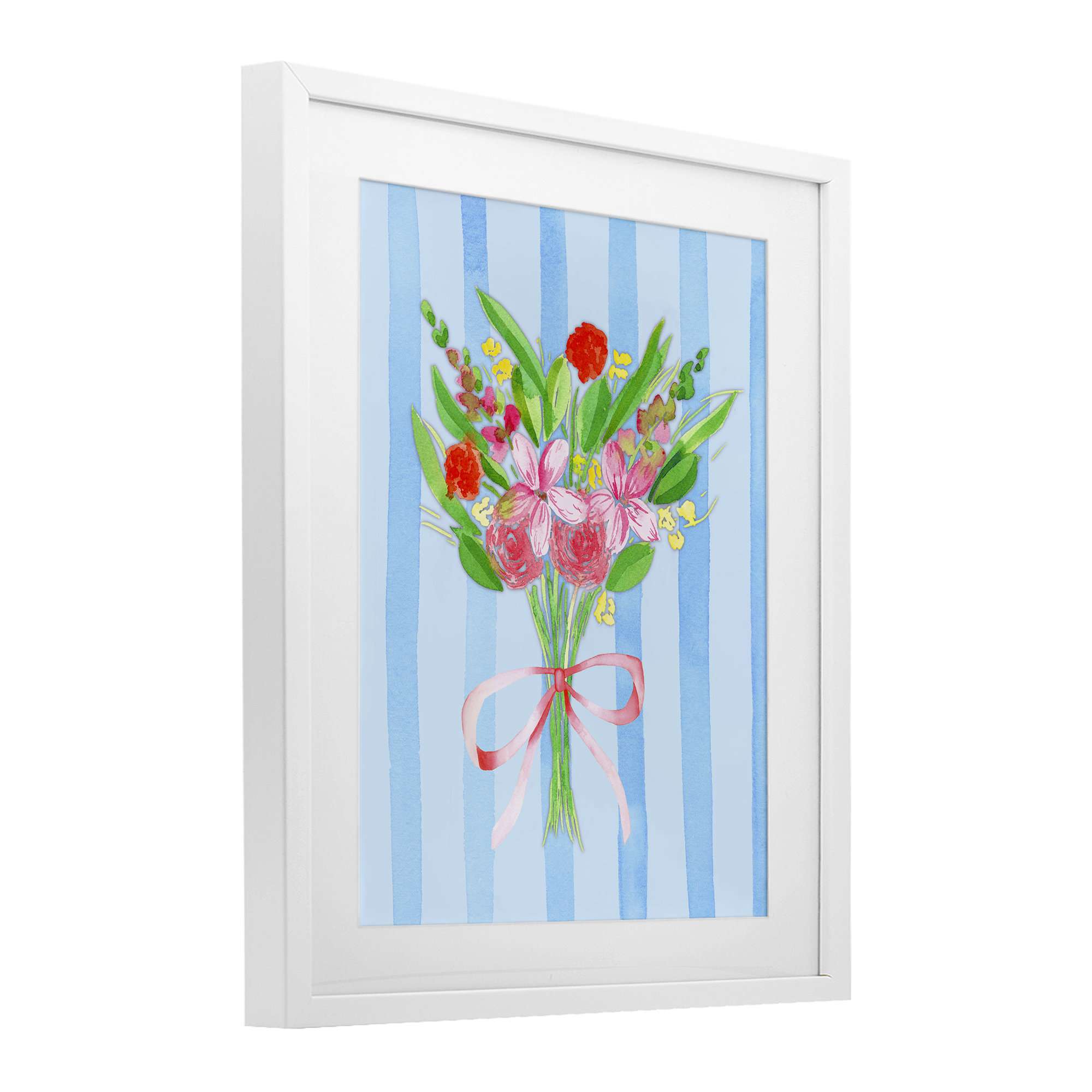 Blue and Pink Bouquet & Bow White Framed Print Under Glass, design by Nina Jacobs