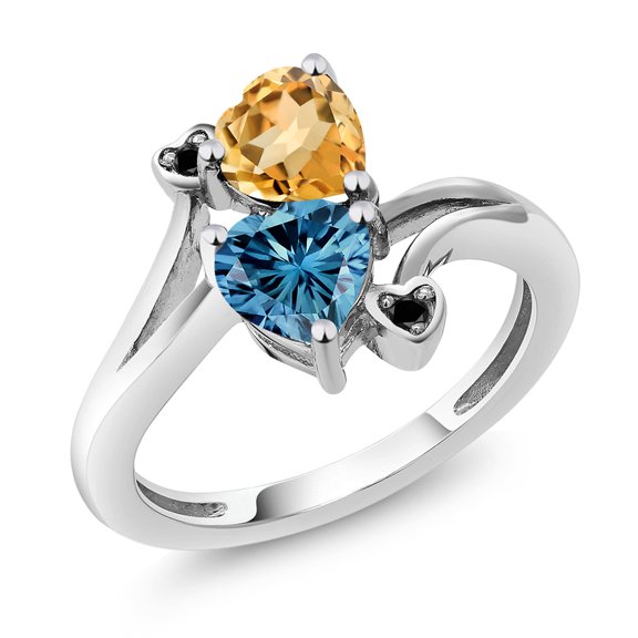 Gem Stone King 10K White Gold Diamond Accent Ring Heart Shape Yellow Citrine and Vivid Persian Blue Moissanite (1.48 Cttw, Size 5)