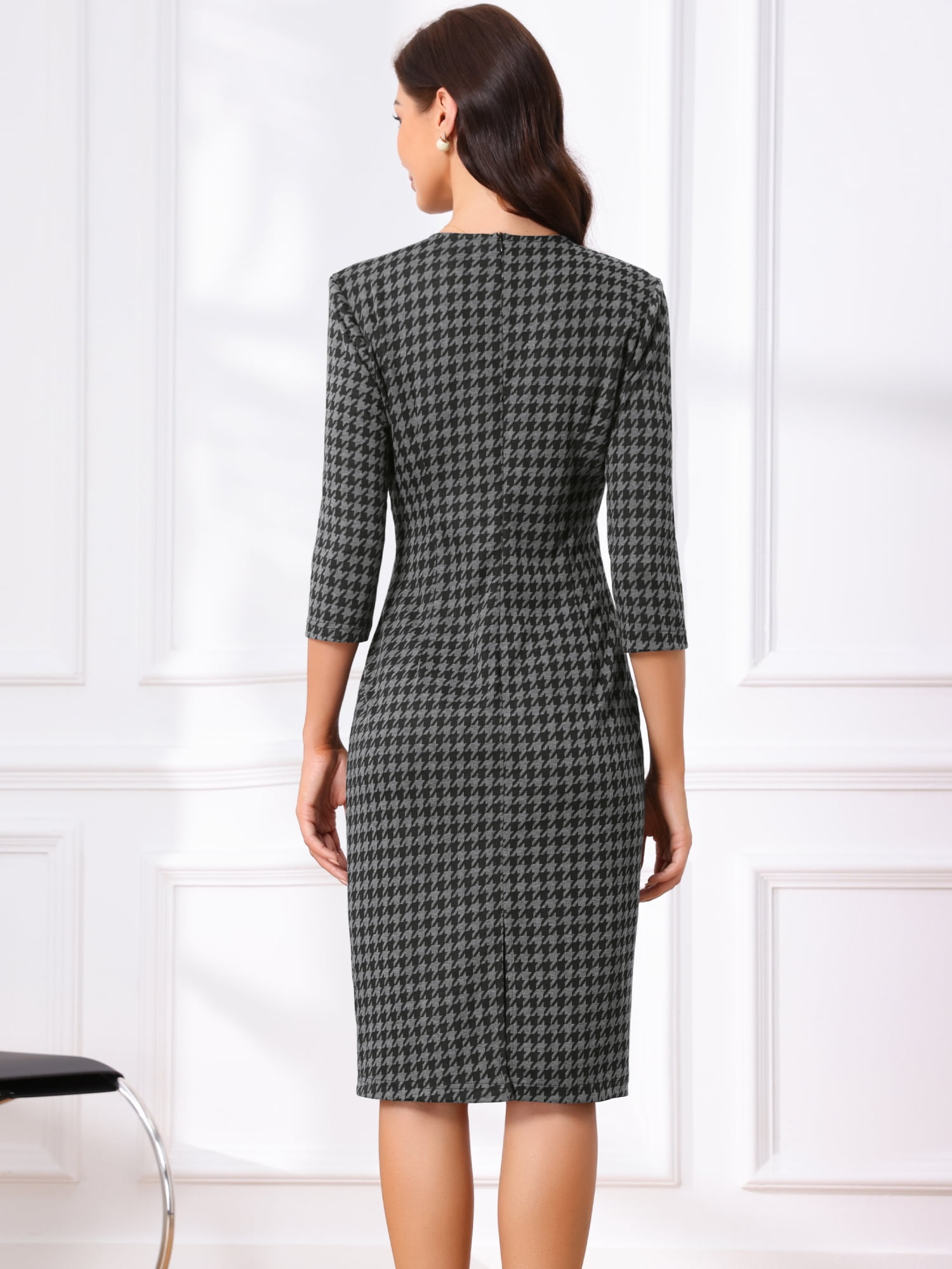 DARING DIVA Vintage Houndstooth 3/4 Sleeve Bodycon Dress M Dark Grey