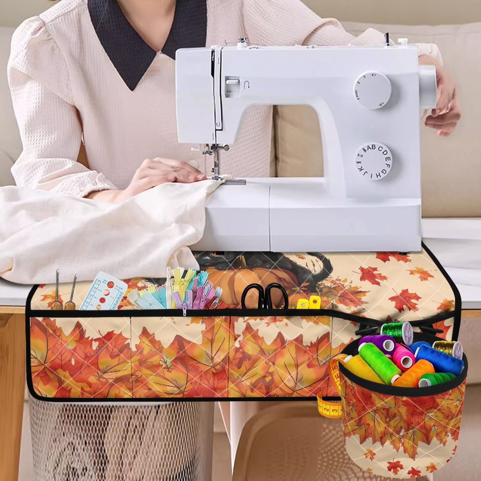 ZIATUBLE Black Cat Sewing Machine Mat Autumn Maple Leaves Sewing Kit Organizer Thanksgiving Pumpkin Sewing Machine Pad with Storage Pocket for Small Fabric Scraps Etc Foldable