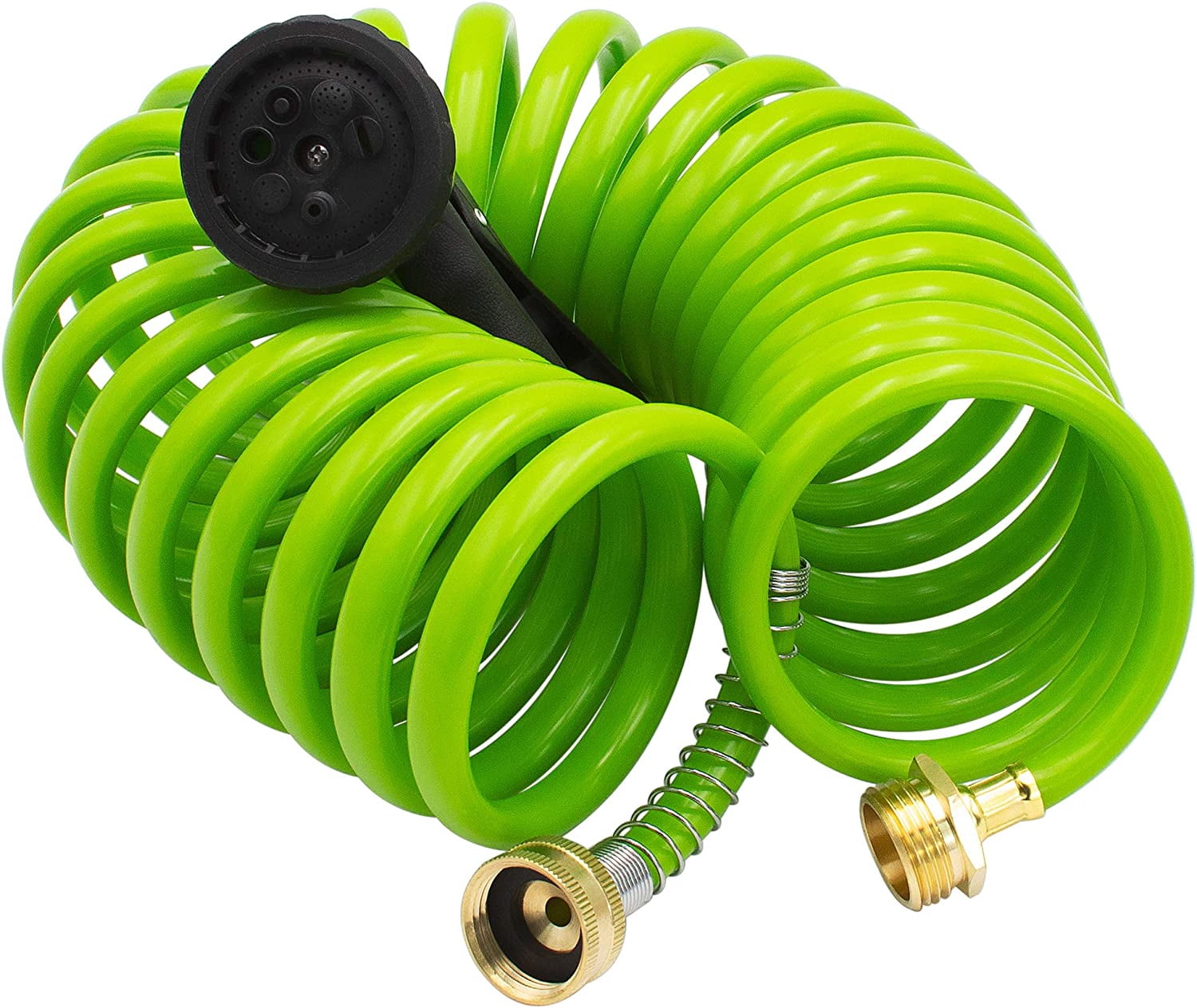 AUTOMAN EVA Recoil Garden Hose 25ft - Includes 7 Pattern Spray Nozzle, Corrosion Resistant Garden Coil Hose. Green