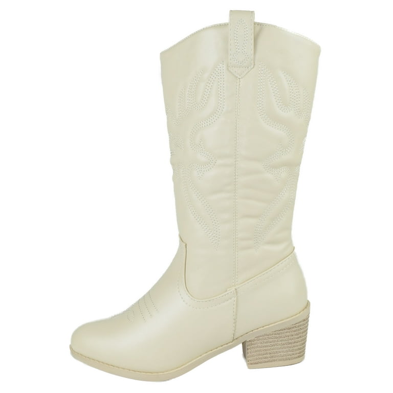 Women Cowgirl Cowboy Stitched Mid Calf Forever Boots Pointy Toe Western Beige Cream Bone 6.5 Women s