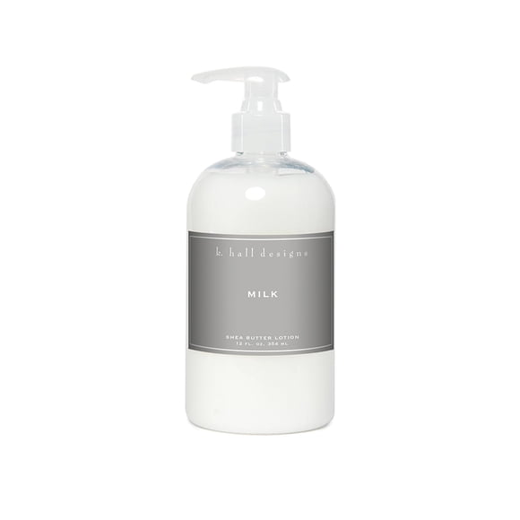 K. Hall Designs Loción de manteca de karité perfumada con leche para piel seca, aroma cremoso y dulce con loción hidratante de karité de coco y vainilla para piel sensible, 12 oz