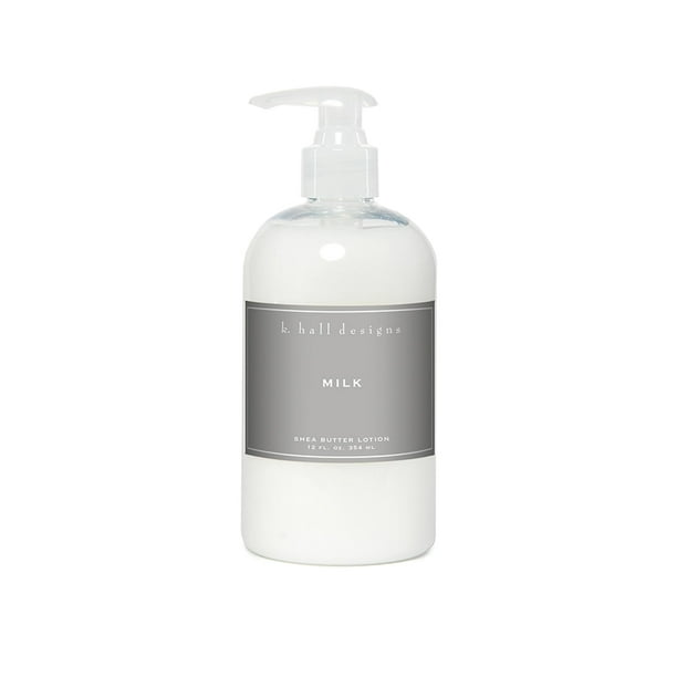 K. Hall Designs Loción de manteca de karité perfumada con leche para piel seca, aroma cremoso y dulce con loción hidratante de karité de coco y vainilla para piel sensible, 12 oz